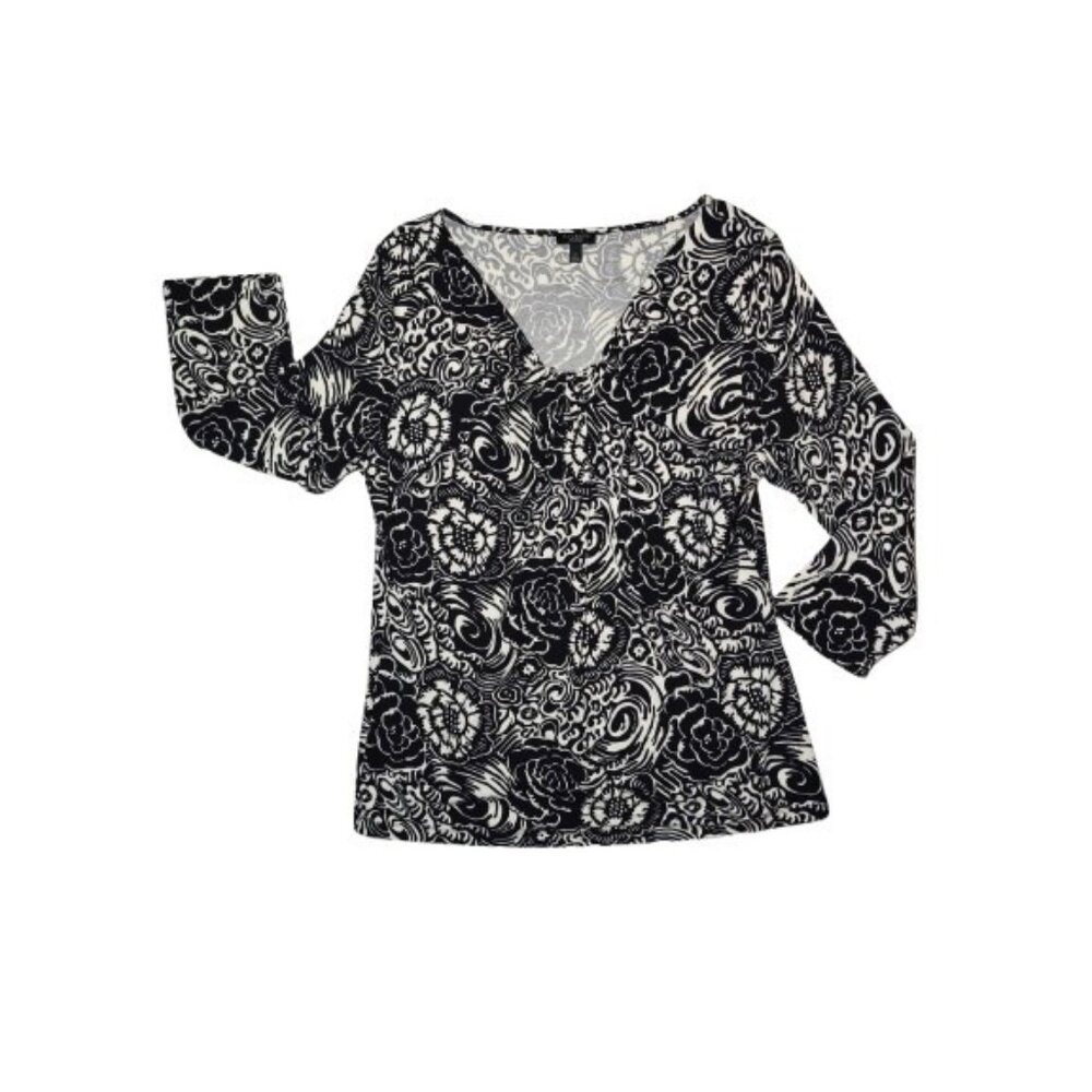 Talbots Black White Floral V-Neck 3/4-Sleeve Stretch Blouse L